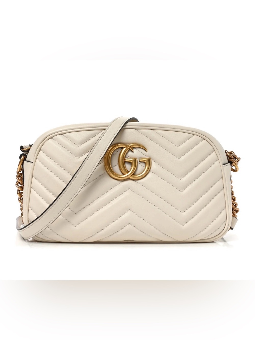Like New GUCCI Calfskin Matelasse Small GG Marmont Chain Shoulder Bag in White.